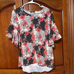 AGB Black Top with Red Floral and Leopard Print Ruffle Sleeves Size M